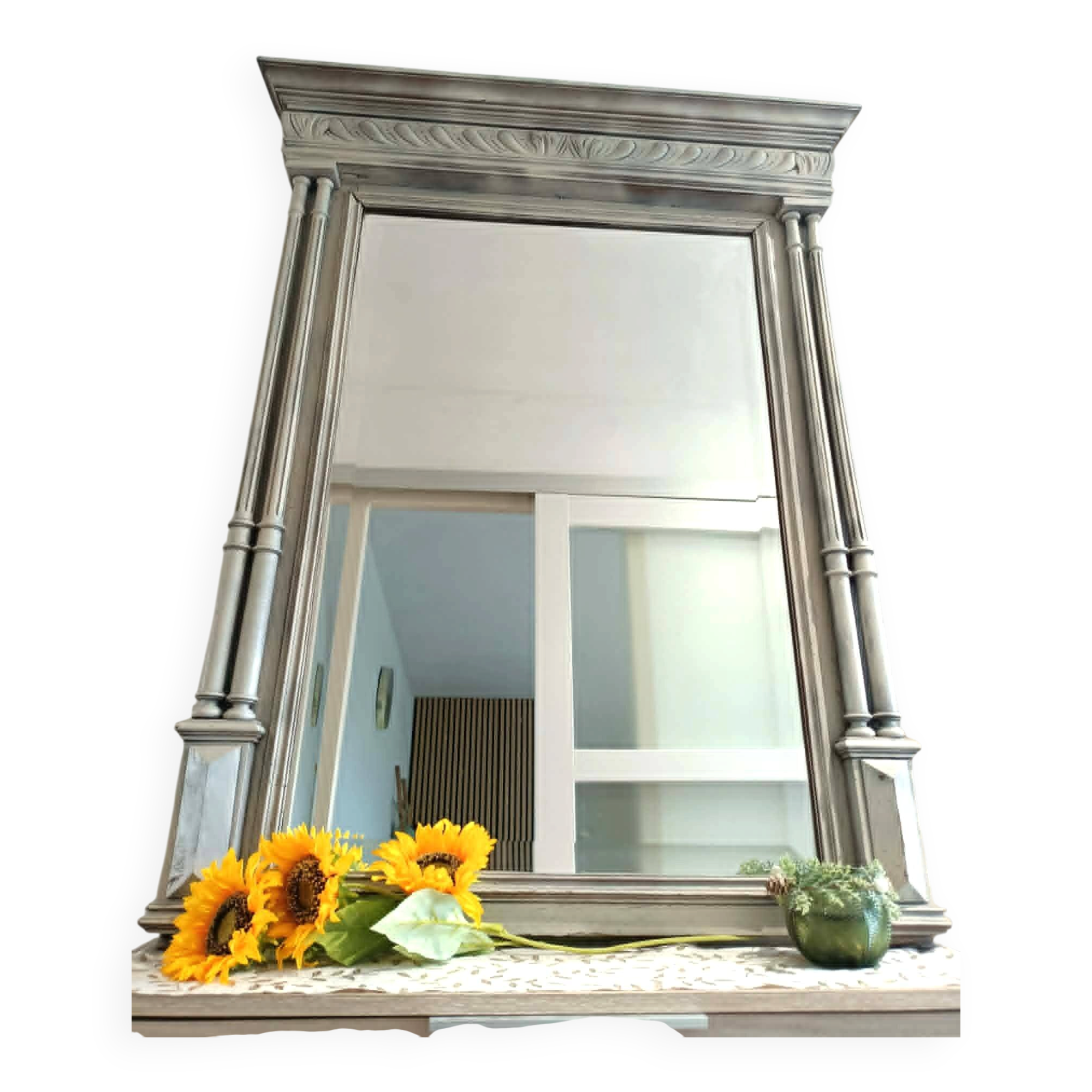 Large mirror / trumeau in patinated carved wood – antique style