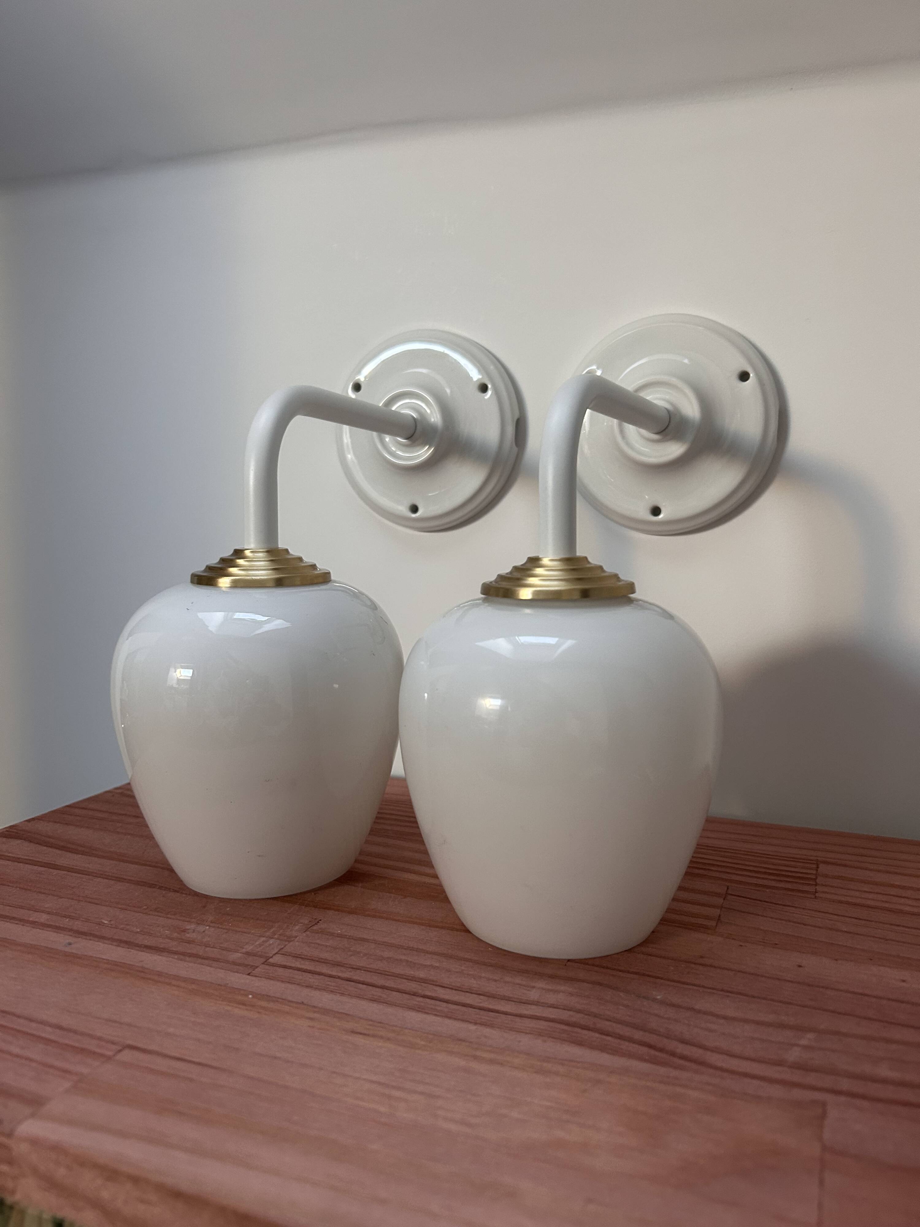 Pair of vintage white opaline wall lights
