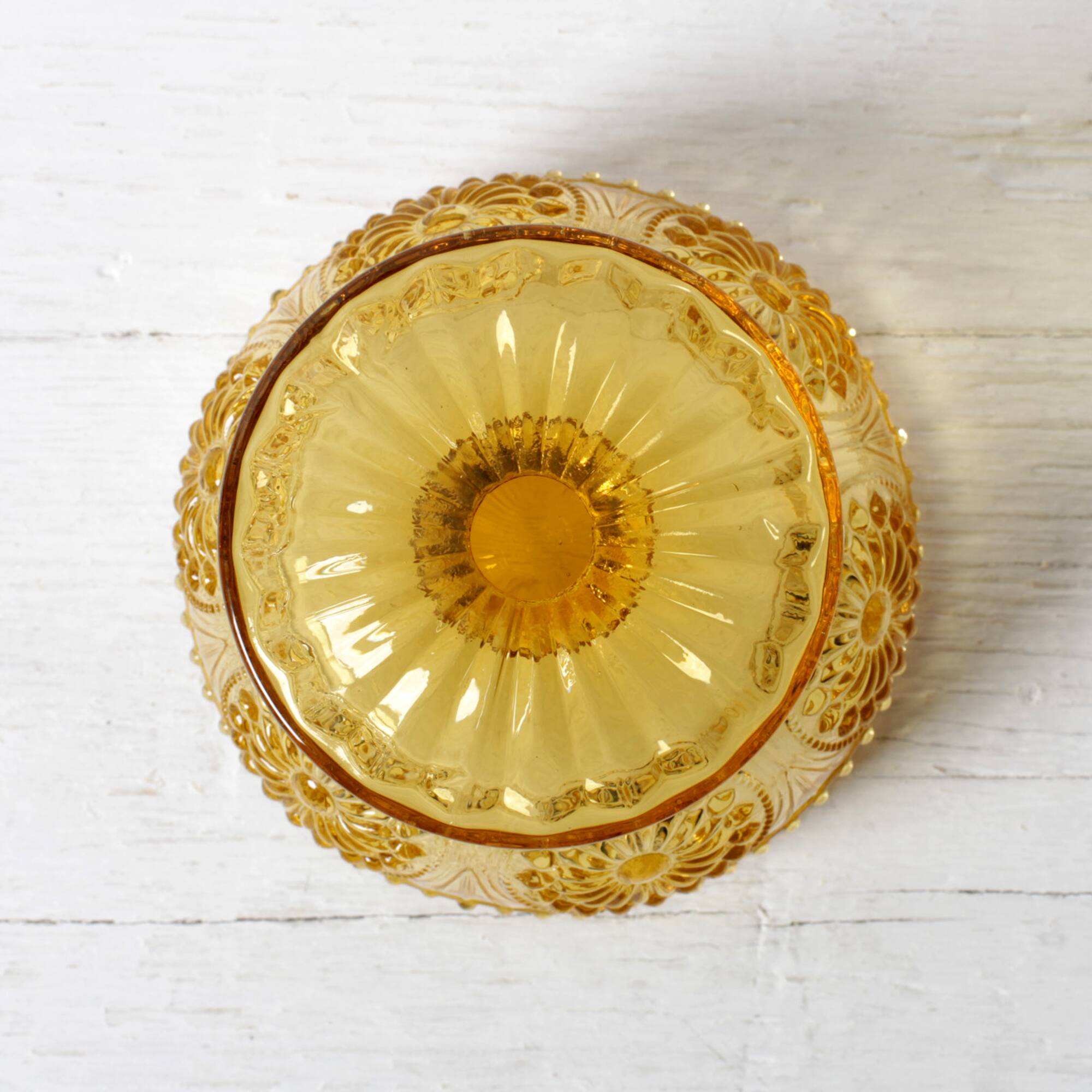 Godinger Amber Honey Pressed Glass Pedestal Bowl – Vintage USA 2000s