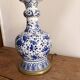Ancien Lampe Poser Faïence Style Delft Motif Bleu Tulipe Floral