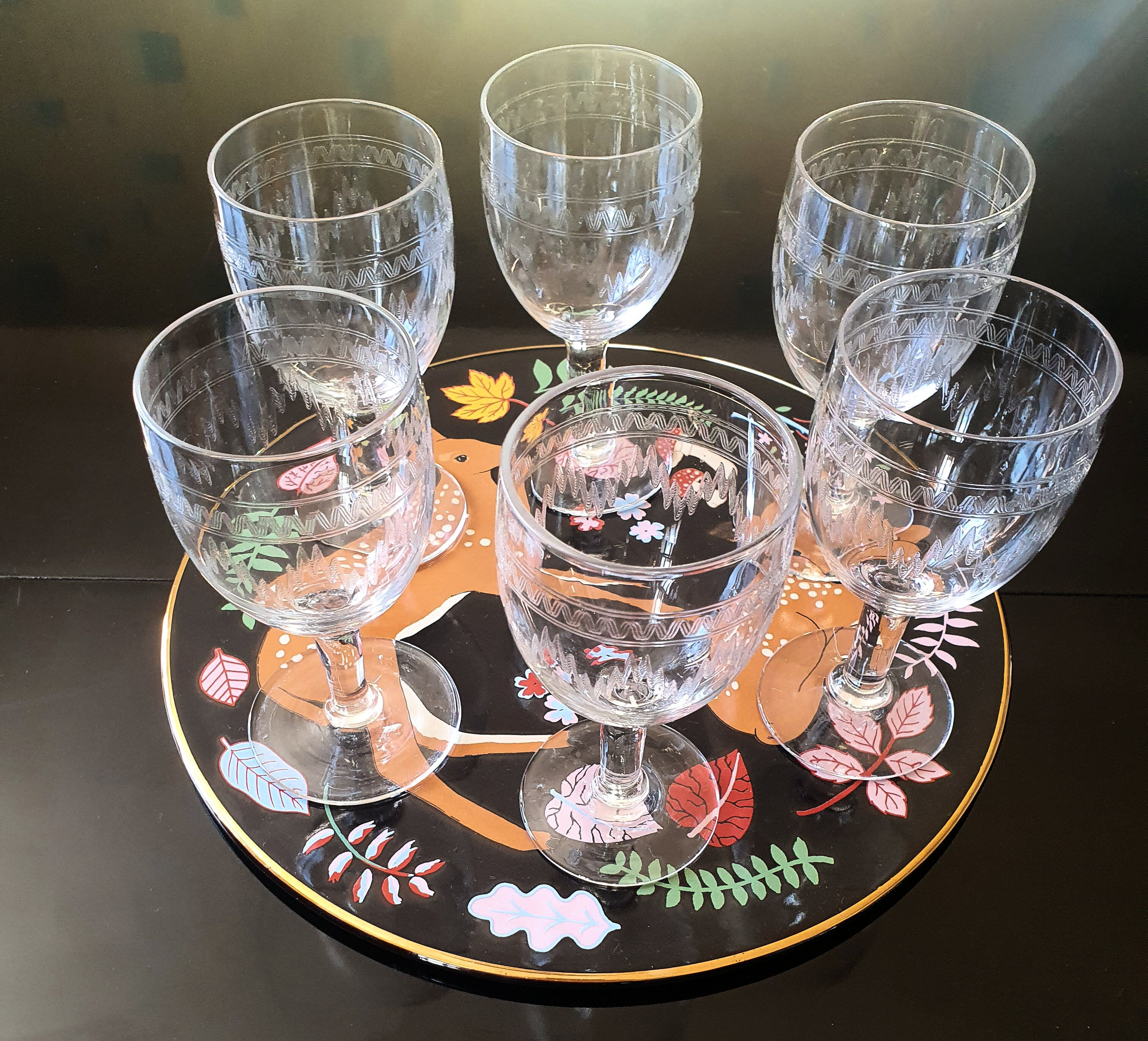 Engraved glass wine glasses