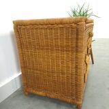 Wicker basket with lid with bear, vintage toy basket