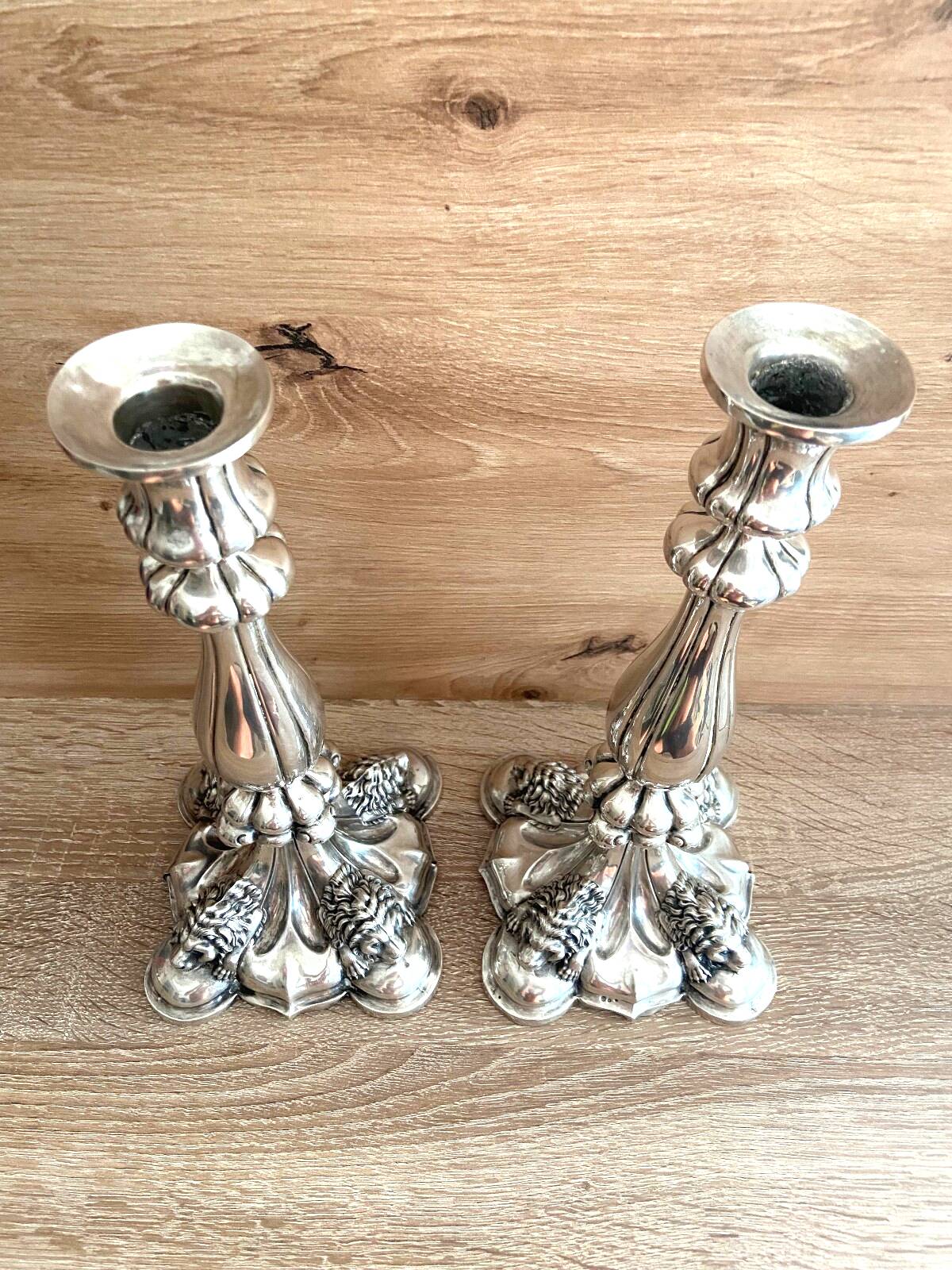 Antique Pair of Solid Silver Flambeaux Candlesticks with Unicorn Hallmark, Early X