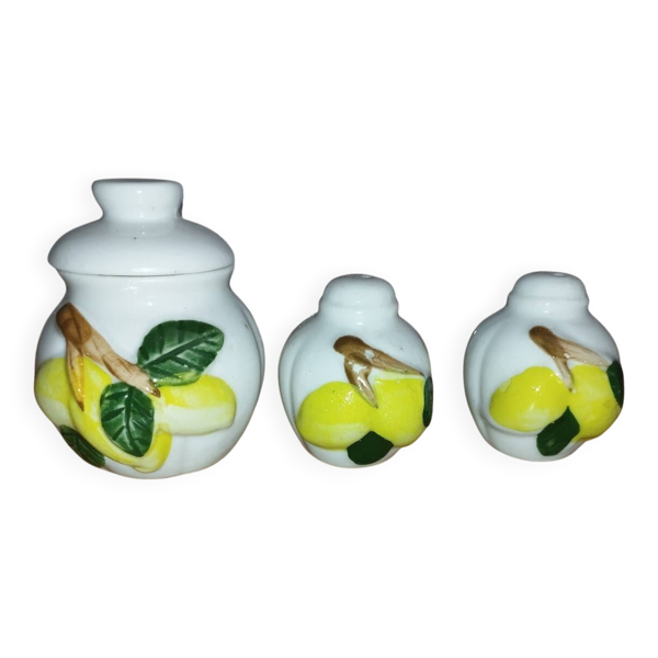 Moutardier, salière et poivrier Movilex vintage, décor citron