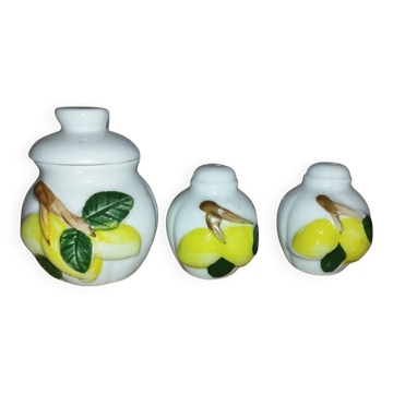 Moutardier, salière et poivrier Movilex vintage, décor citron
