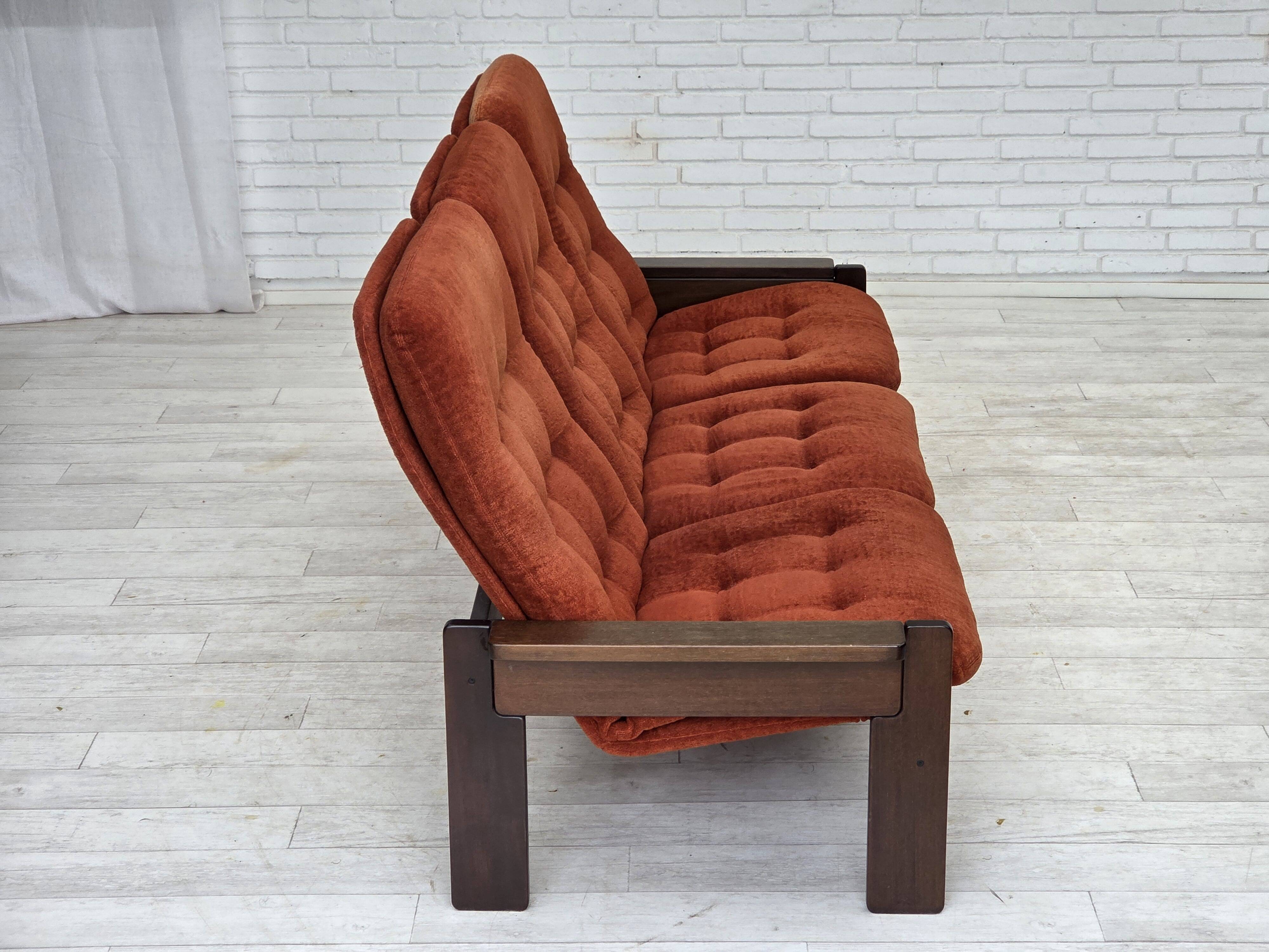 1970s, 3-seater Danish sofa, orange/red furniture velour, oak wood.