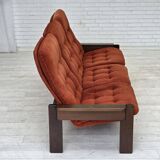 1970s, 3-seater Danish sofa, orange/red furniture velour, oak wood.
