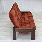 1970s, 3-seater Danish sofa, orange/red furniture velour, oak wood.
