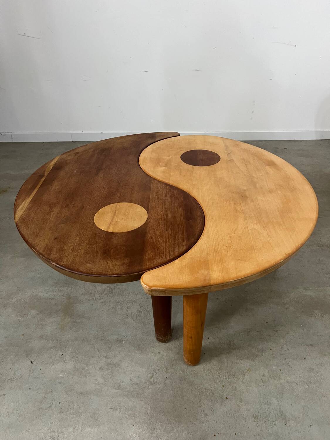 Solid wood coffee table with 2 Yin and Yang elements vintage 60s