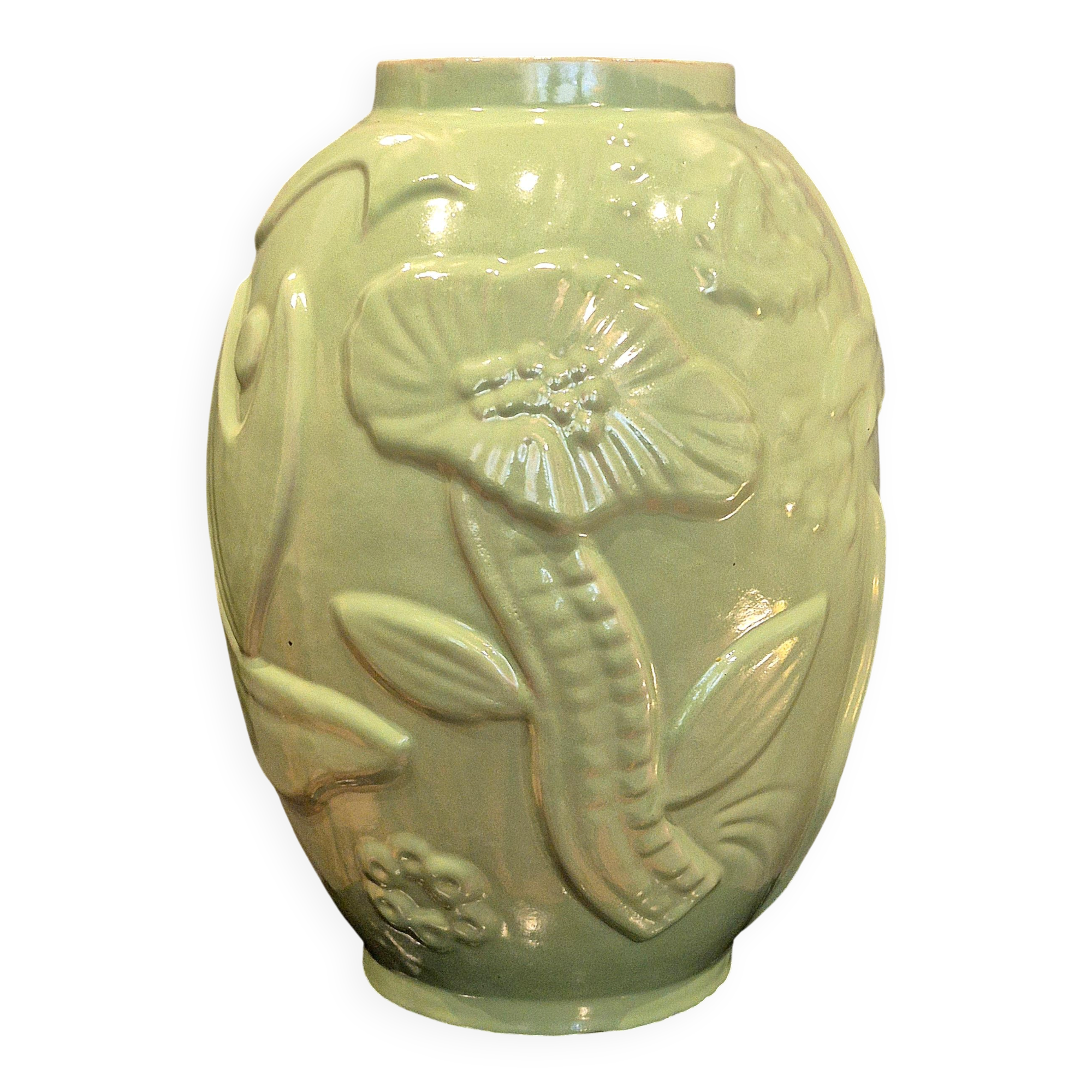Grand vase en faïence à glaçure céladon/vert, suédois moderne