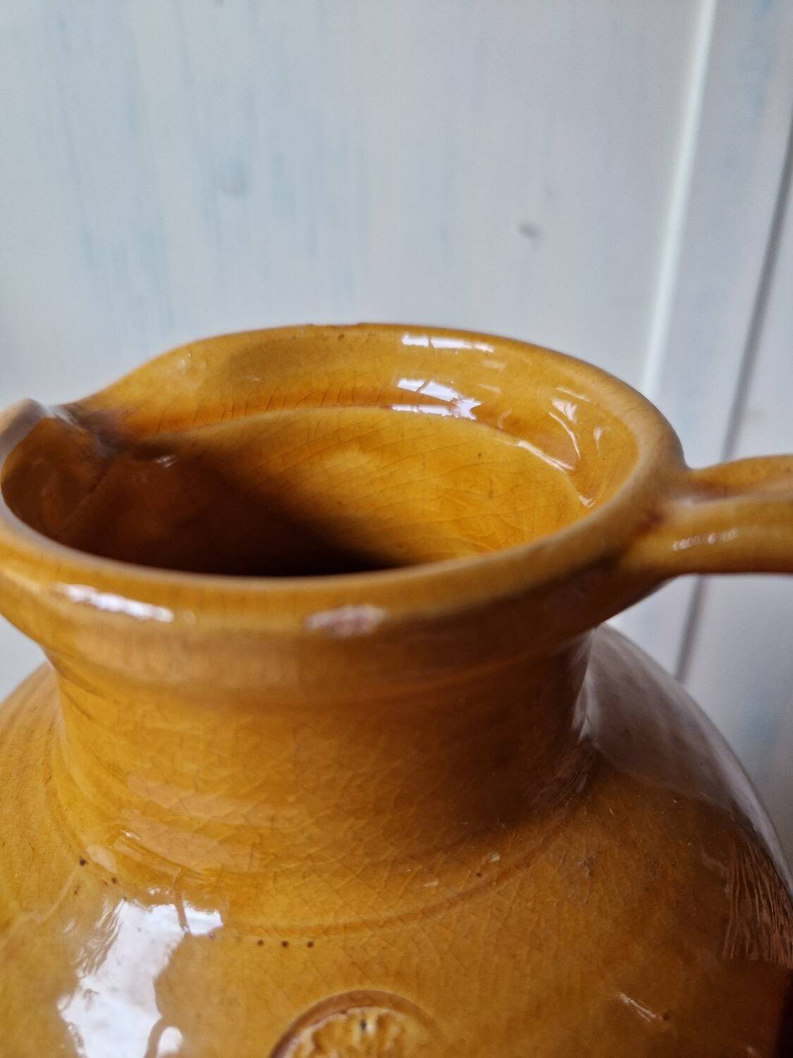 Antique glazed terracotta pitcher, brown semi-glazed jug, vase