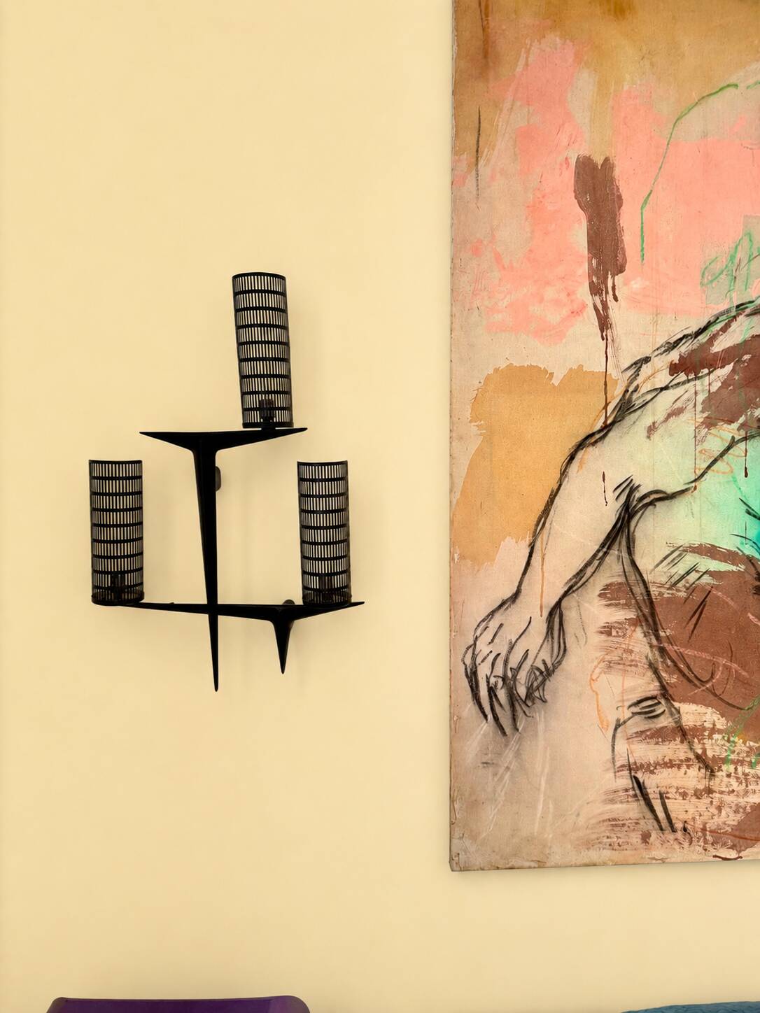 Pair of sculpted lacquered bronze wall lights, Arlus