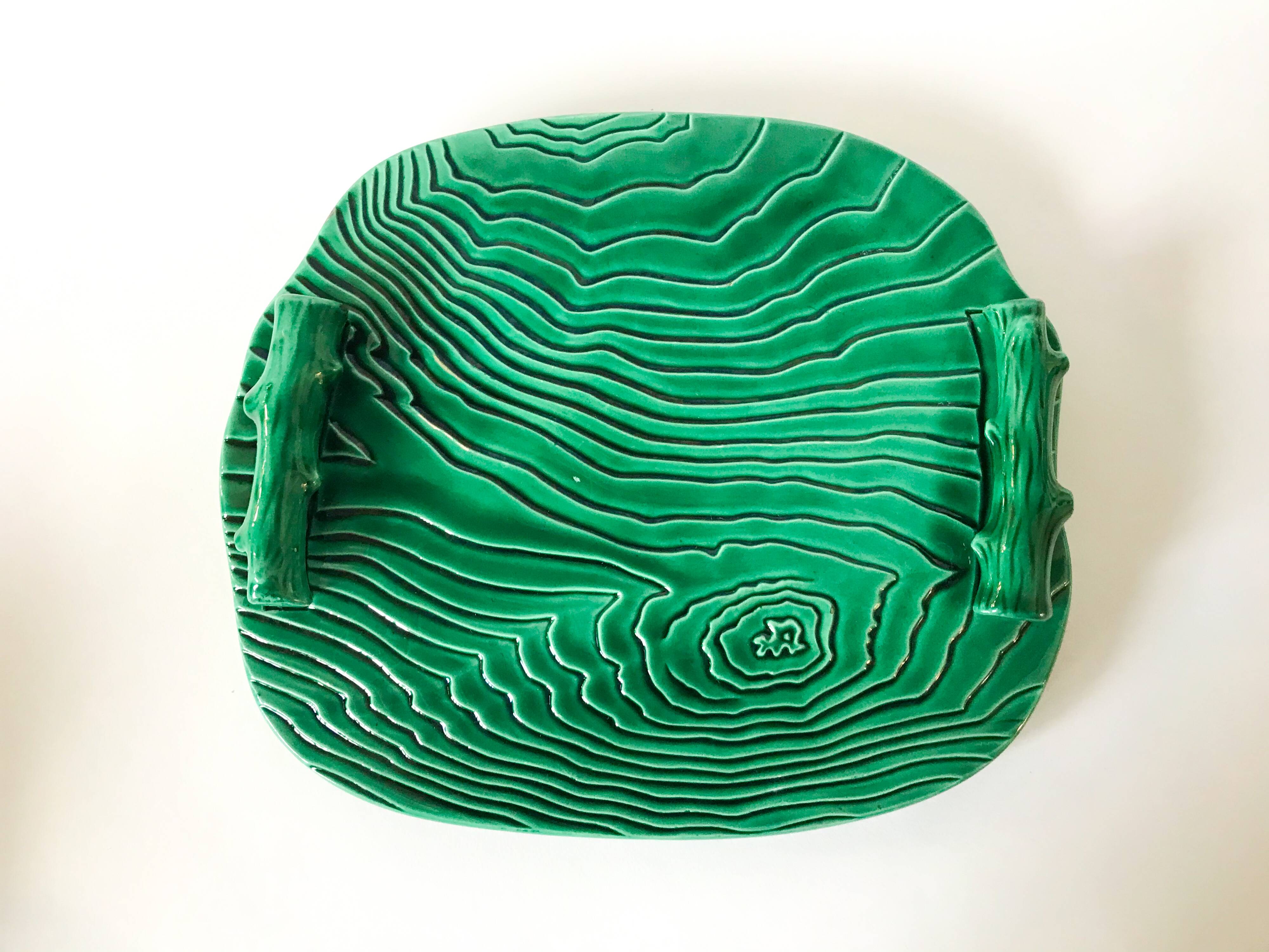 green ceramic tray with bamboo effect from the 1950s