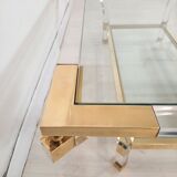 Table basse carrée en laiton, lucite et verre, Hollywood Regency