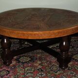 Circular coffee table with tooled leather top by Angel Pazmino for Muebles de Estilo, Ecuador 1970s