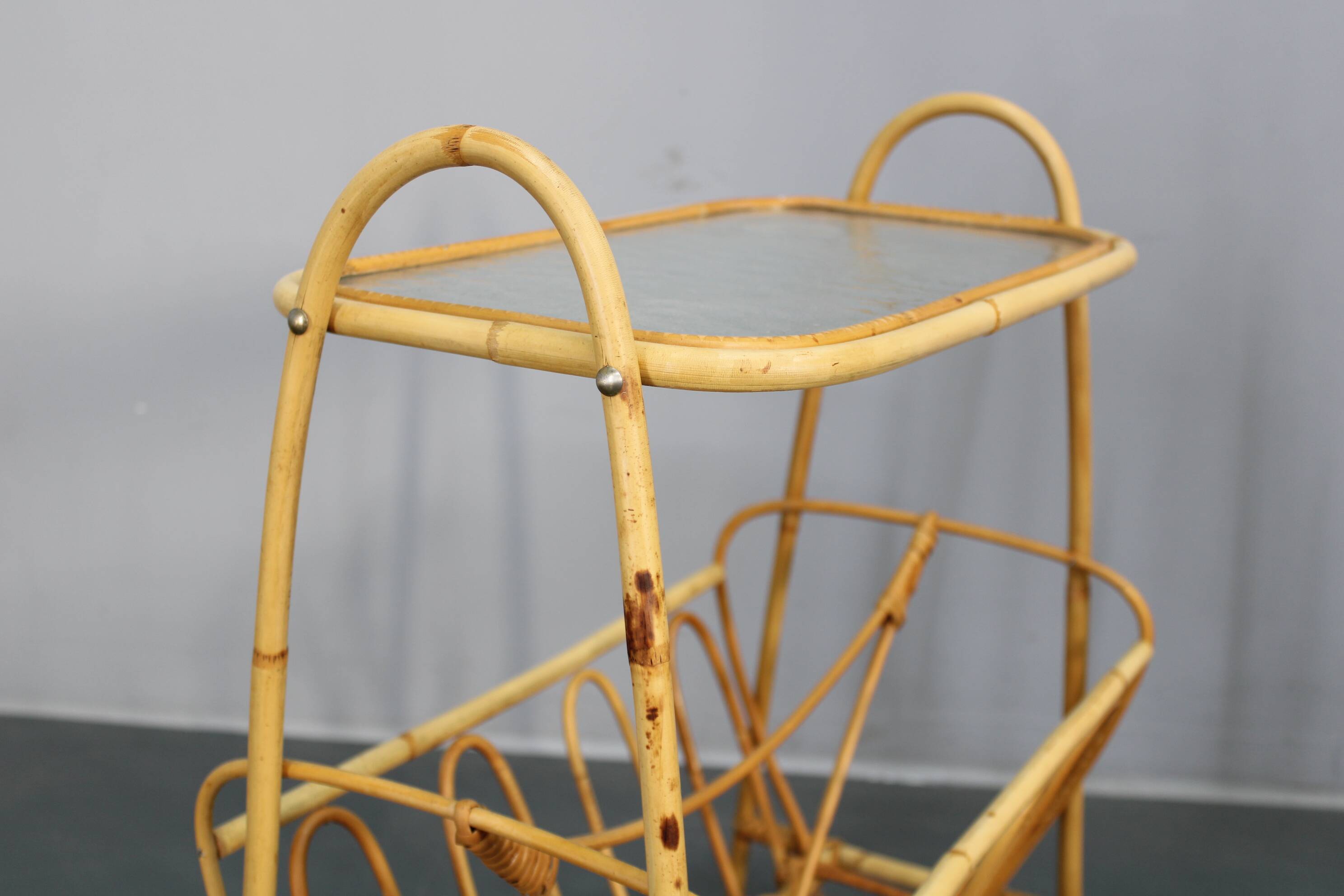 Mid-century European rattan accessories set with tables and magazine racks, 1960s