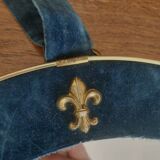 Miroir rond vintage en velours bleu et doré