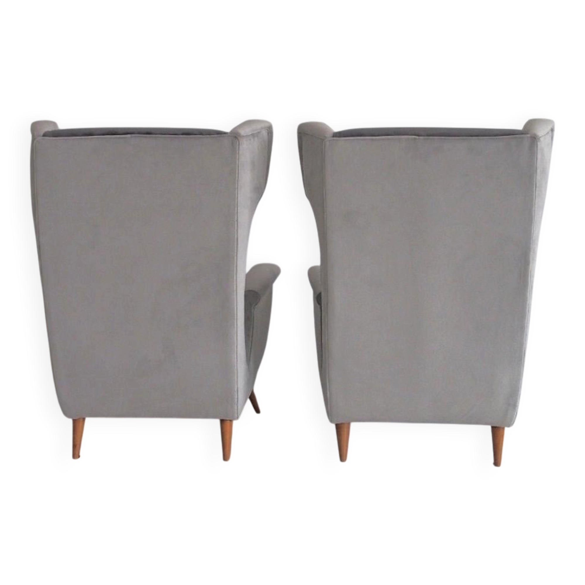 Pair of grey velvet armchairs in the style of Gio Ponti.
