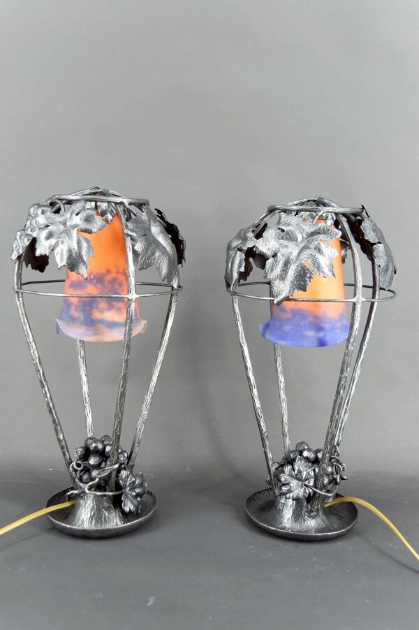 Paire de Lampes Fer Forgé, Thème de la Vigne, Müller Frères, Art Déco, 1925