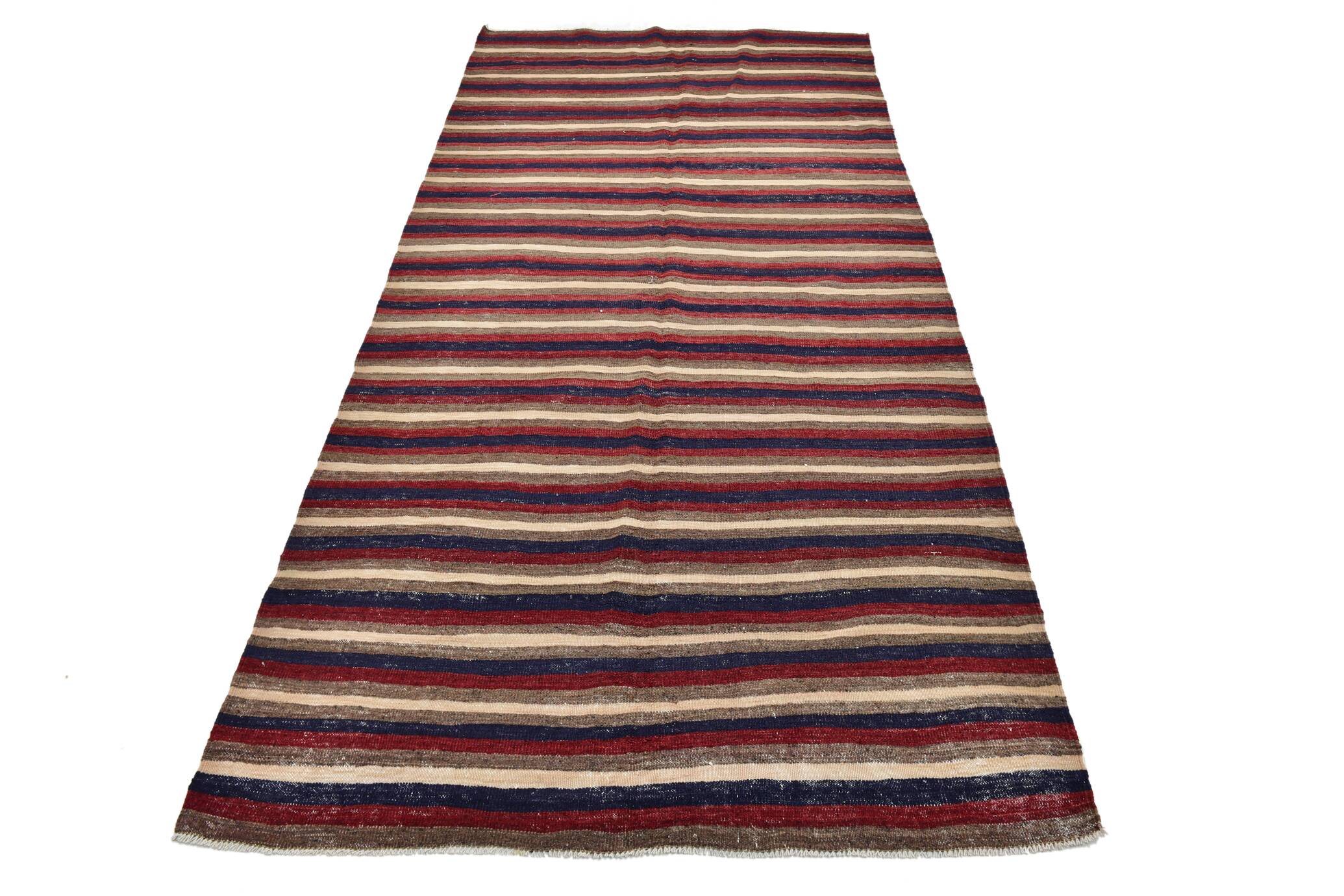 4x9 Red & Navy Blue Pinstriped Pattern Turkish Kilim Rug, 136x284Cm