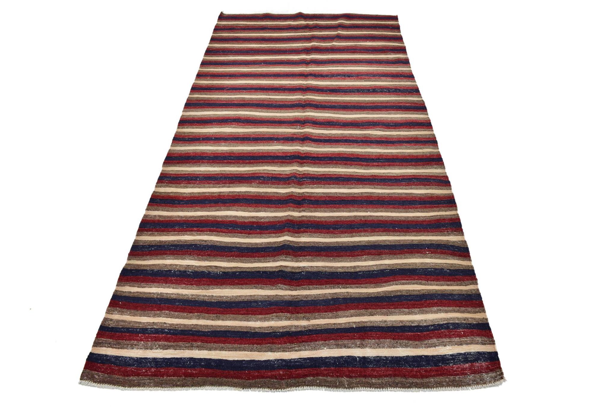 4x9 Red & Navy Blue Pinstriped Pattern Turkish Kilim Rug, 136x284Cm