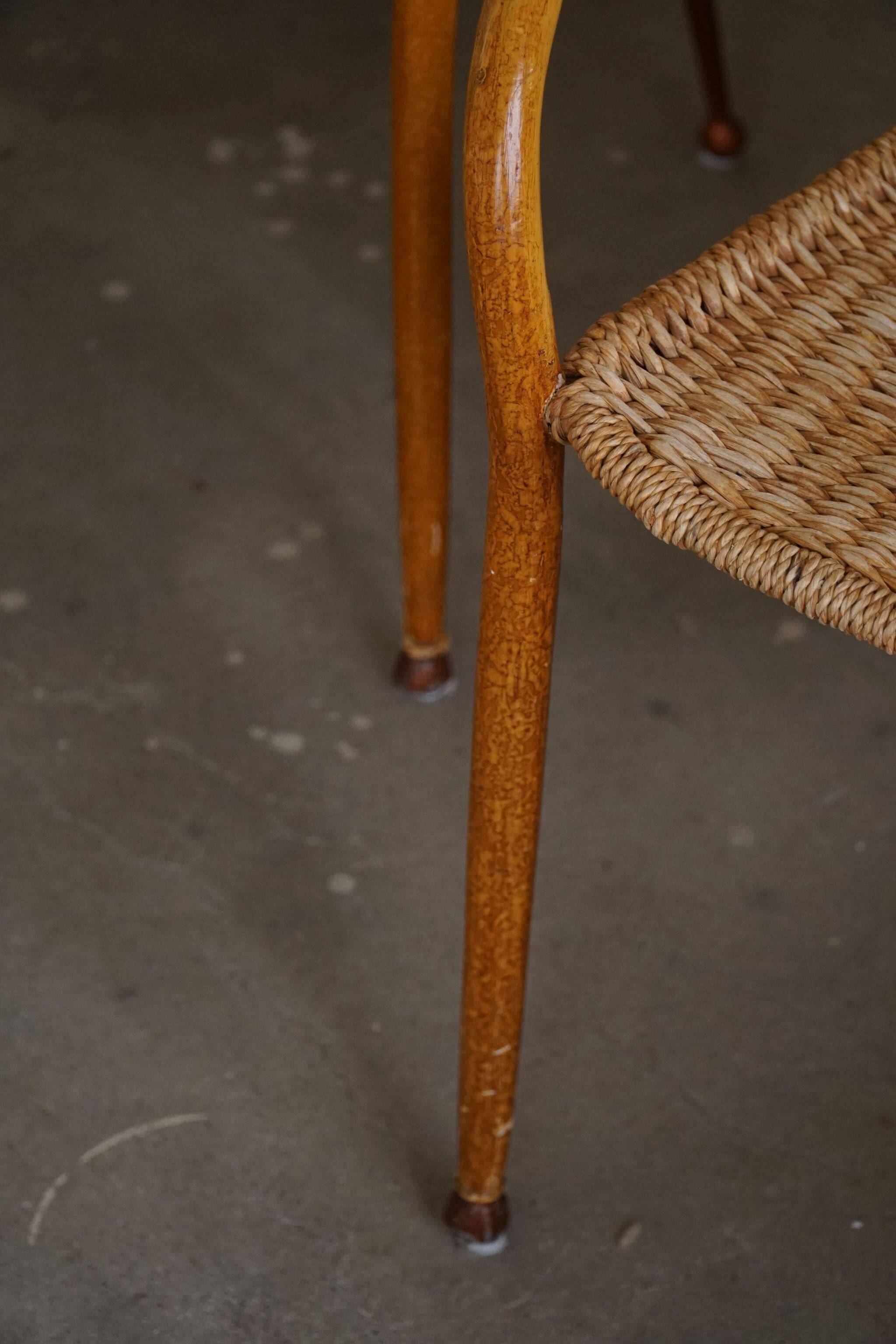 Set of 4 vintage Italian wicker and birch armchairs, mid-century modern, 1950.