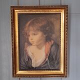 Table JB. Greuze young boy "the blonde child", reprod oil painting, under gilded frame 23x29 cm