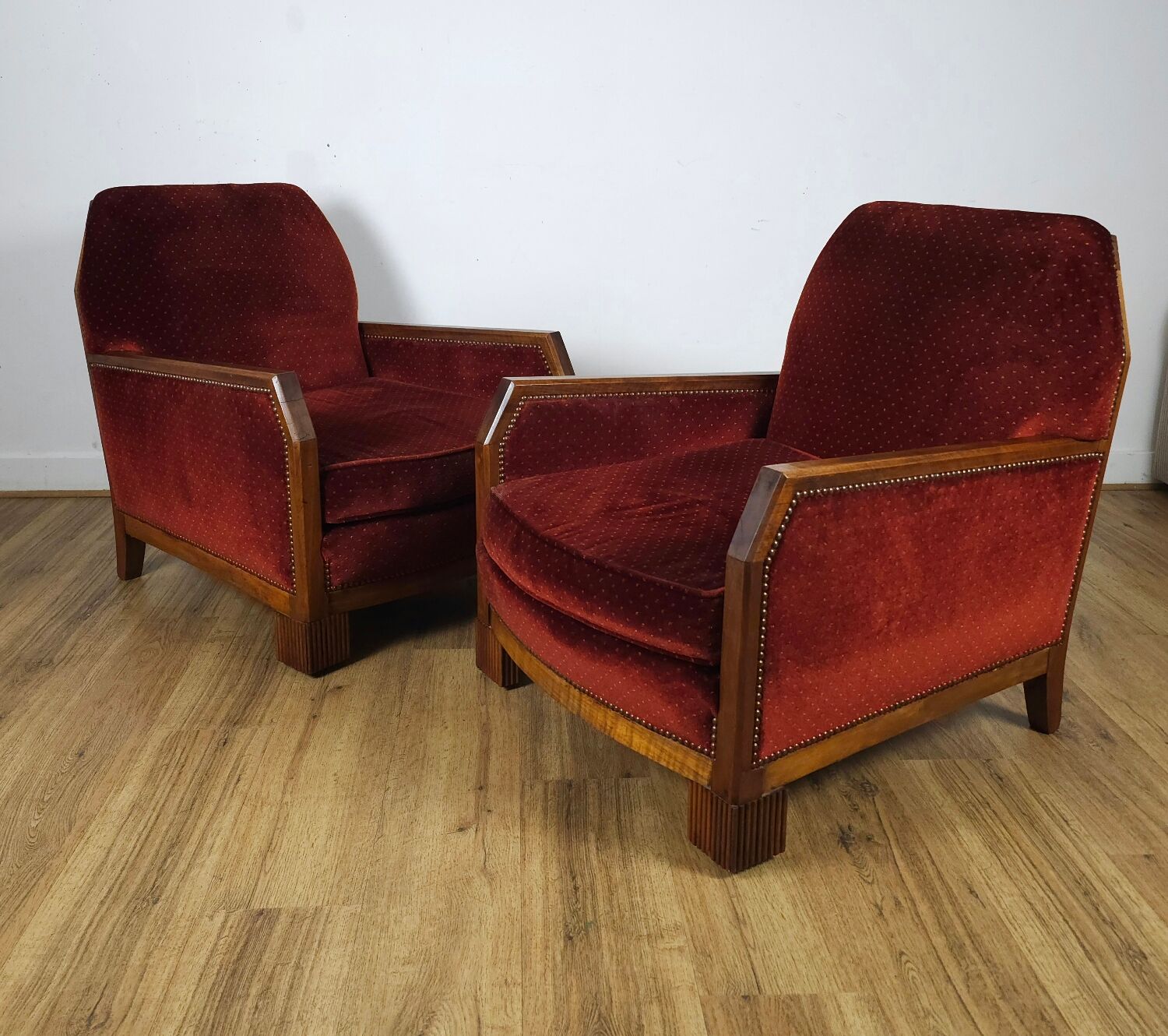 Pair of Art Deco Armchairs, Solid Wood and Red Velvet