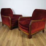Pair of Art Deco Armchairs, Solid Wood and Red Velvet