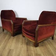 Paire de Fauteuils Art-Déco, Bois Massif et velours rouge
