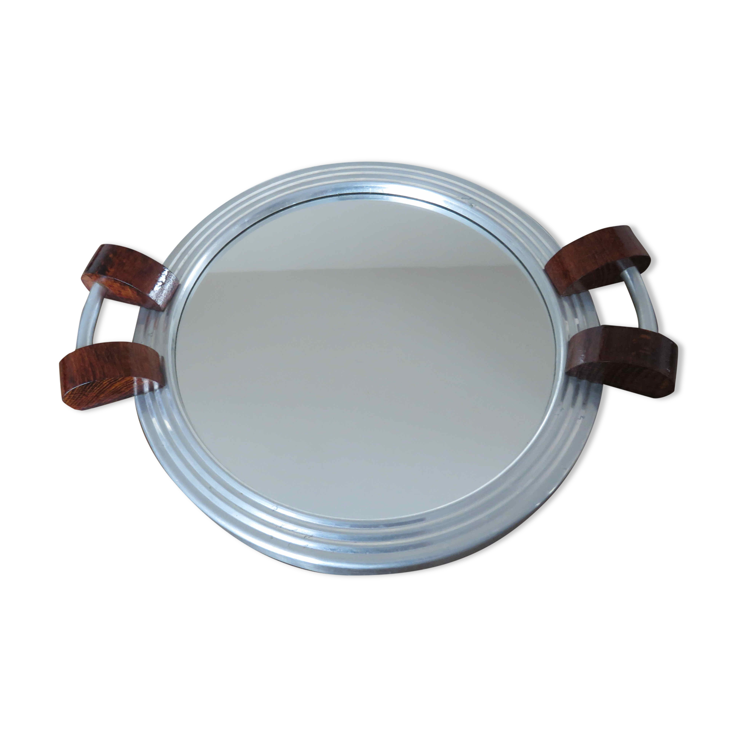 Plateau miroir en palissandre et aluminium Art Deco années 40 50