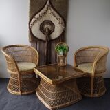 Ensemble vintage de chaises de paon en osier et table des années 60