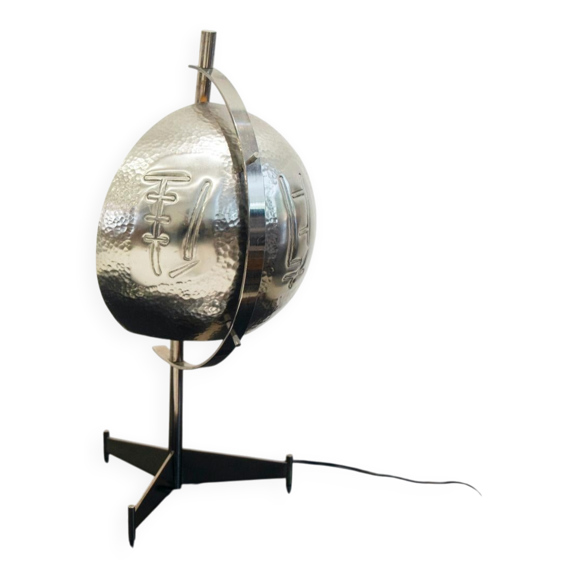 Metal table lamp with triangular glass light on tripod stand, 1970s.
