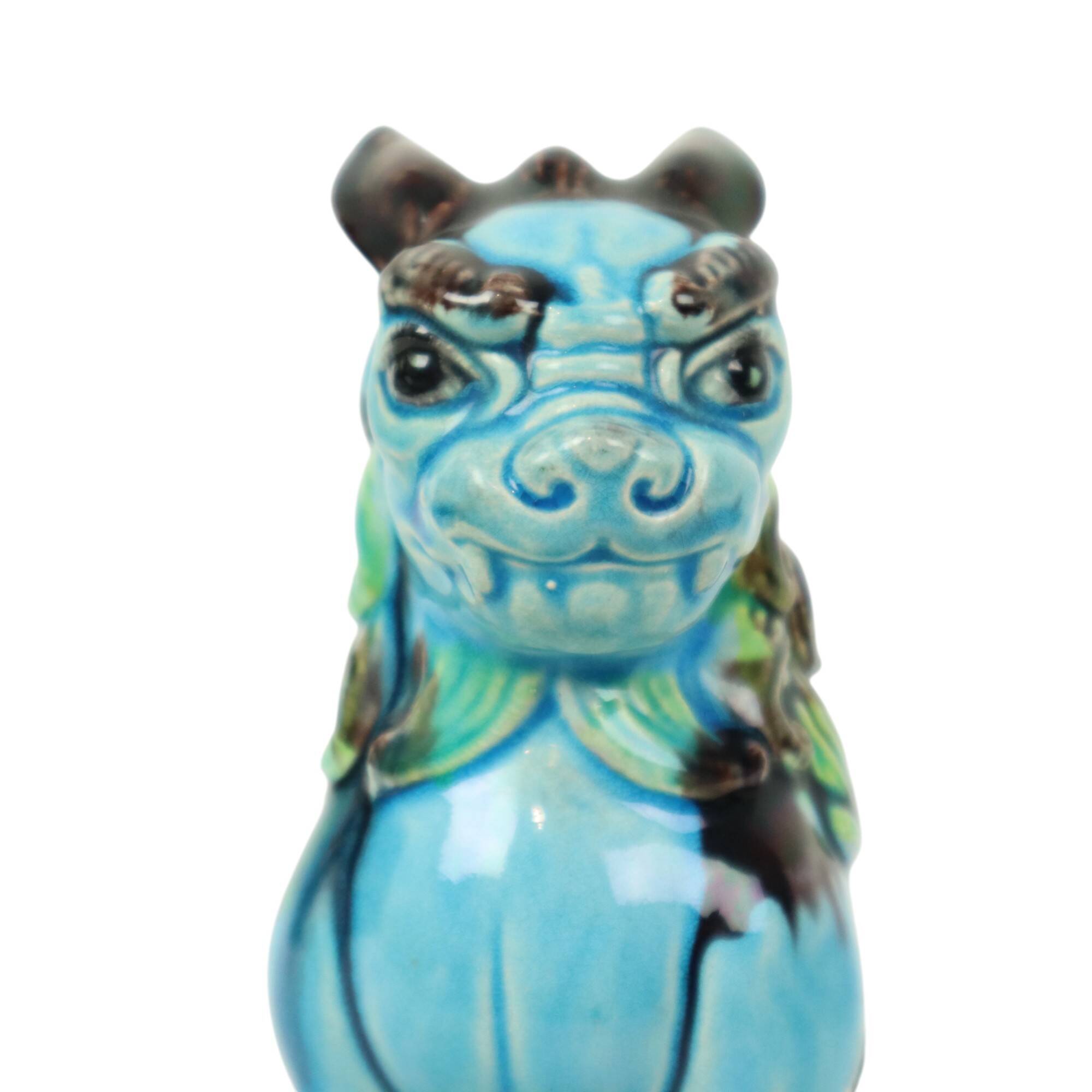 Vintage Chinese Komainu Guardian Lion Foo Dog Blue 19cm