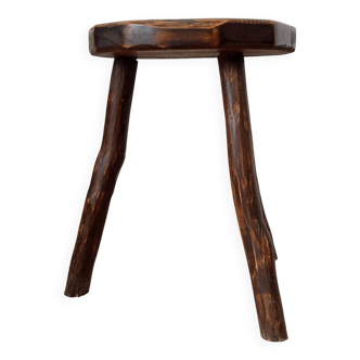 Vintage brutalist tripod stool in solid oak
