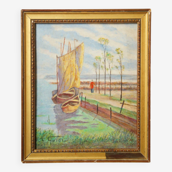 Pastel sur carton signé, marine vers 1960