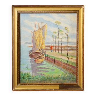 Pastel sur carton signé, marine vers 1960