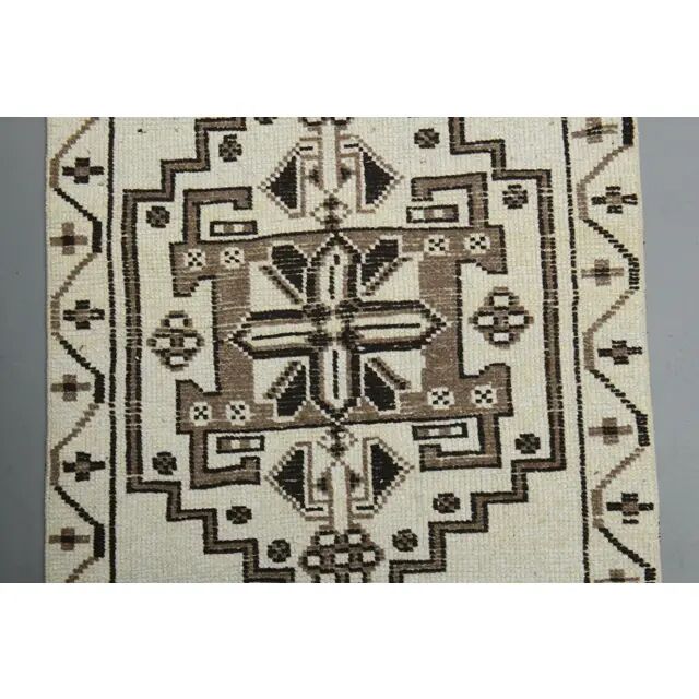 1970s Vintage Turkish Handmade Wool & Cotton Beige Runner Rug 96x361
