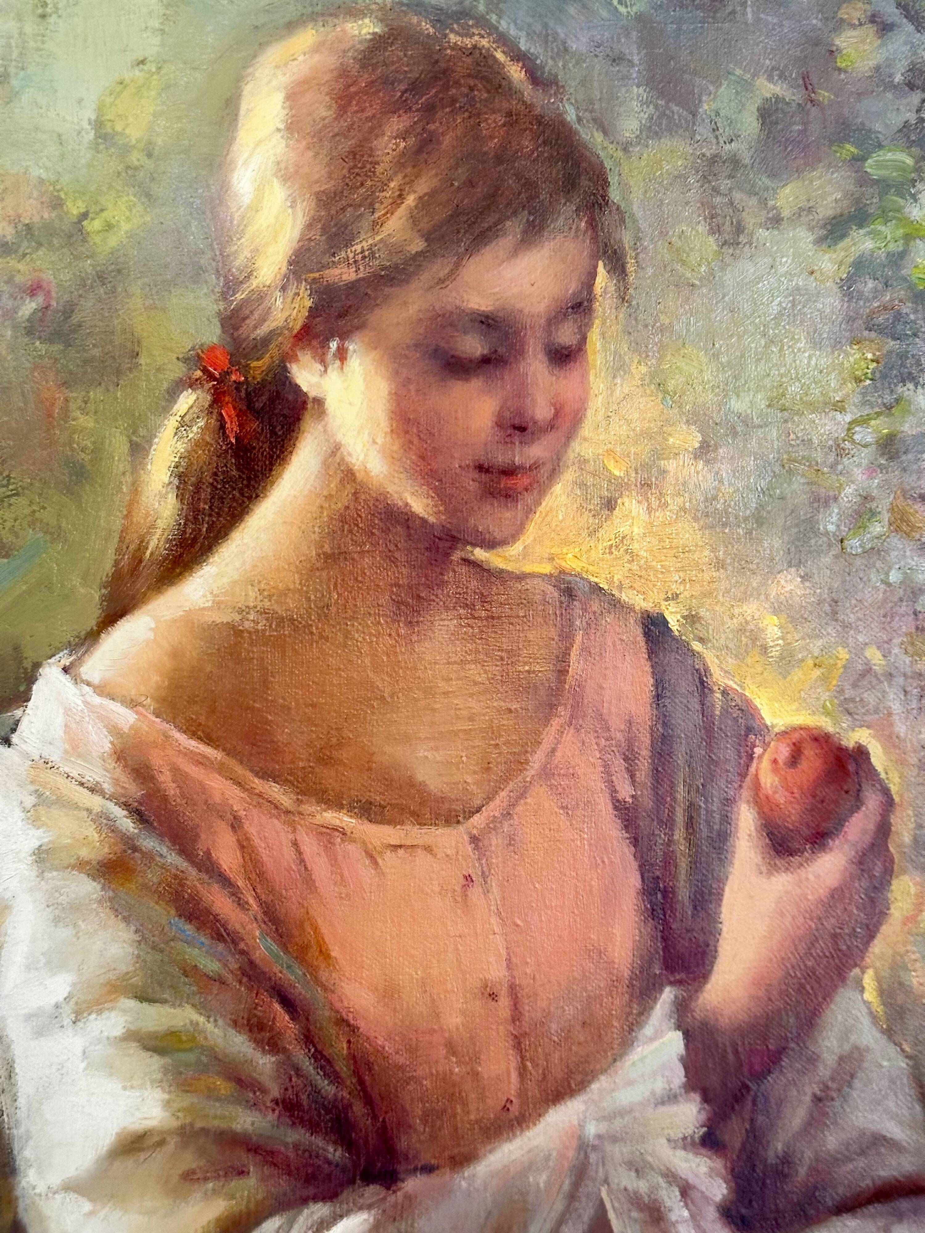 Oil on canvas signed ruggero serrato "young girl with apples"