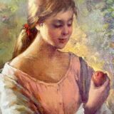 Oil on canvas signed ruggero serrato "young girl with apples"