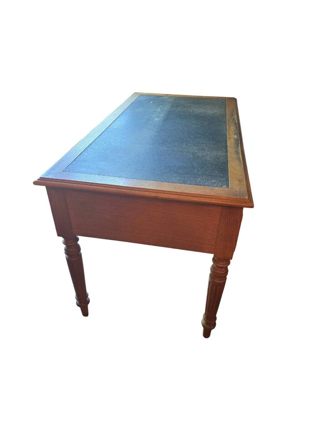 Antique flat desk in oak and black leather, Louis-Philippe style.