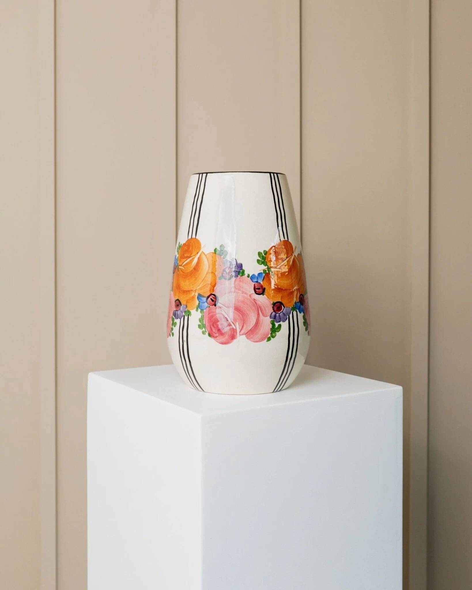 Cream Ceramic Vase by Zeh Scherzer - Hand-Painted Bulbous Mid-Century Floral Stripe, 1970s