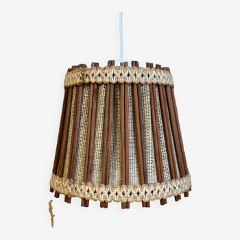 Vintage Scandinavian pendant light (1960s) in wood and linen