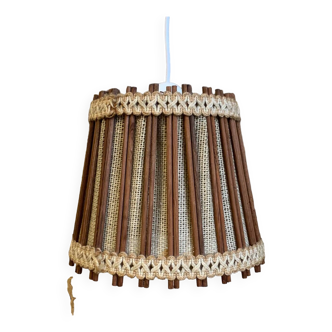 Vintage Scandinavian pendant light (1960s) in wood and linen