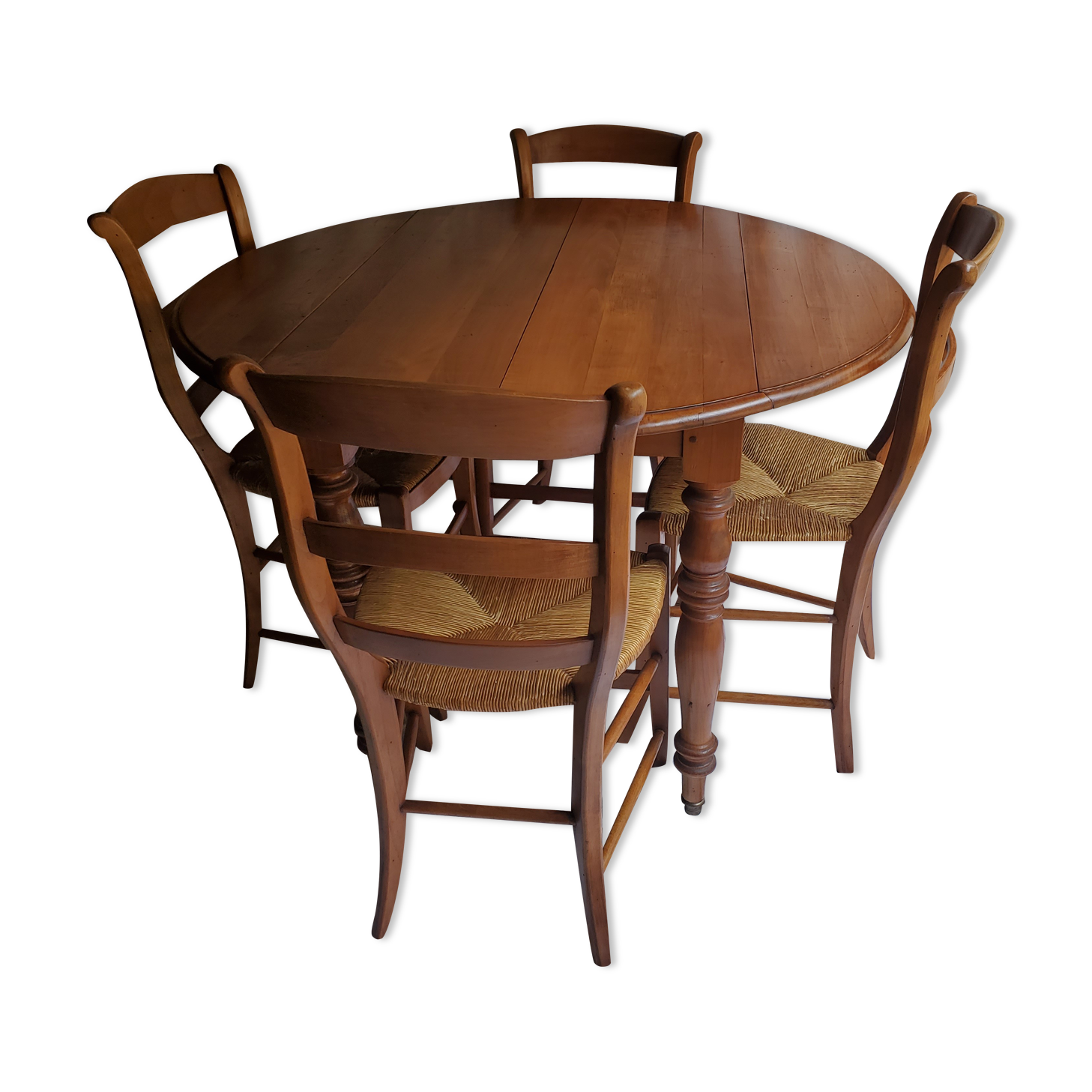 Round table, Louis Philippe style, antique patina, its 2 extensions and 4 chairs