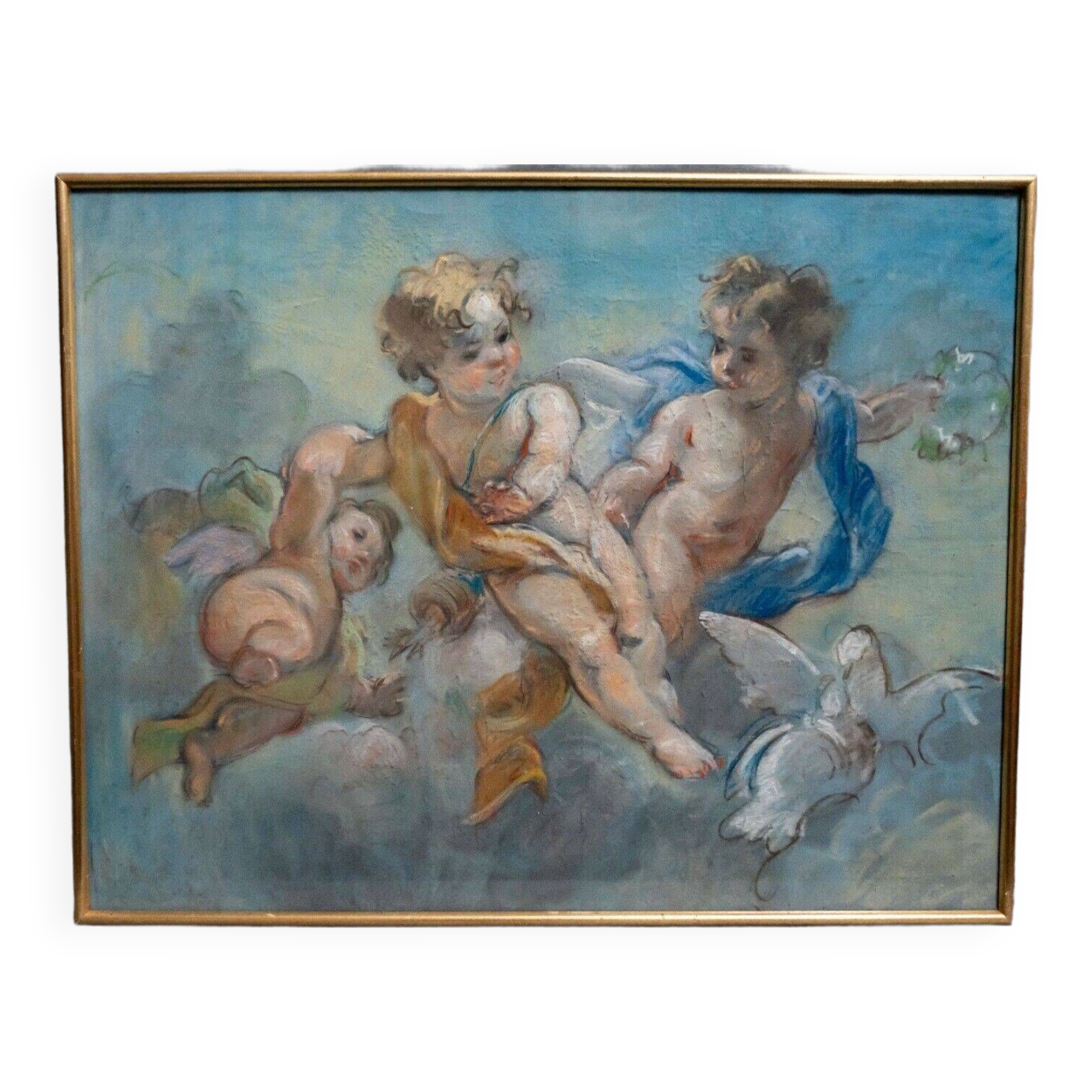 Late 19th century pastel painting decorated with cherubs and doves