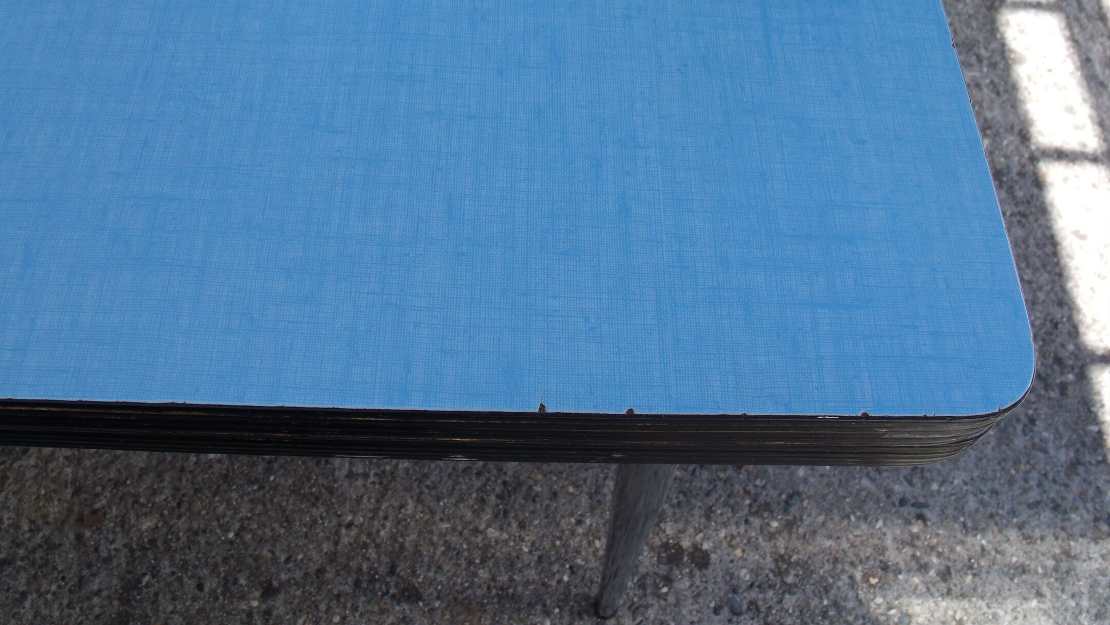 Blue formica table with extension with drawer