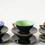 Set of 6 black and colored earthenware cups and saucers, 1950