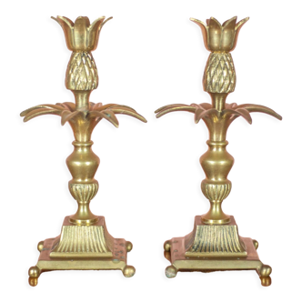 Pair of vintage pineapple candle holder, vintage candle holder, brass candle holder, palm candle holder