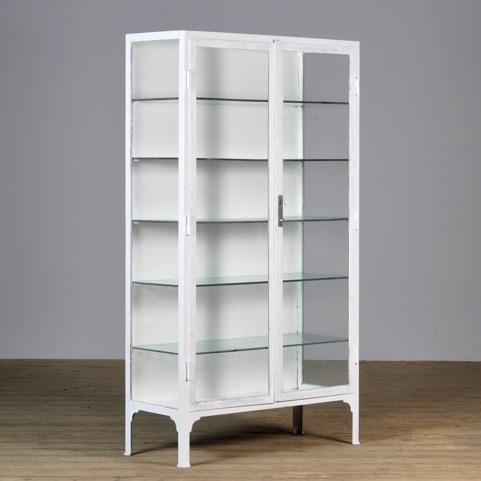 Vintage iron and glass medical cabinet, 1940s
